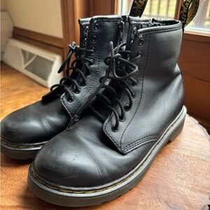 Dr. Martens Black Leather Lace-Up Boots with Yellow Heel Loop